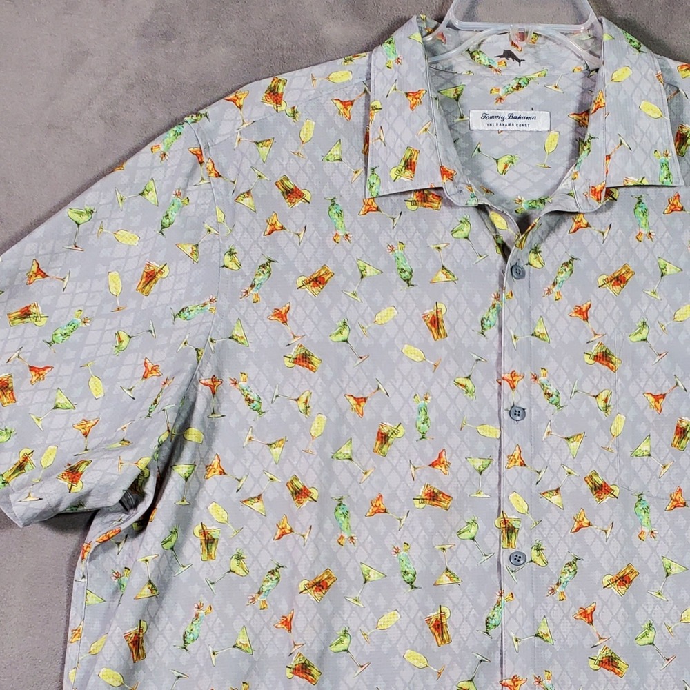 Tommy Bahama Shirt Mens XL Gray Cocktail Print Short Sleeve Button Camp Coastal